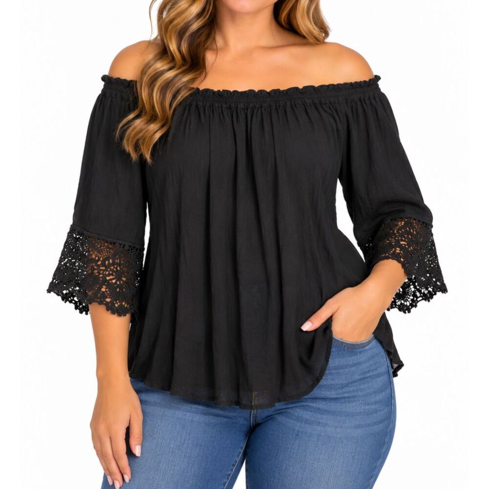Chelsea & Theodore Women’s Black Off Shoulder Crochet Cuff Blouse | Medium